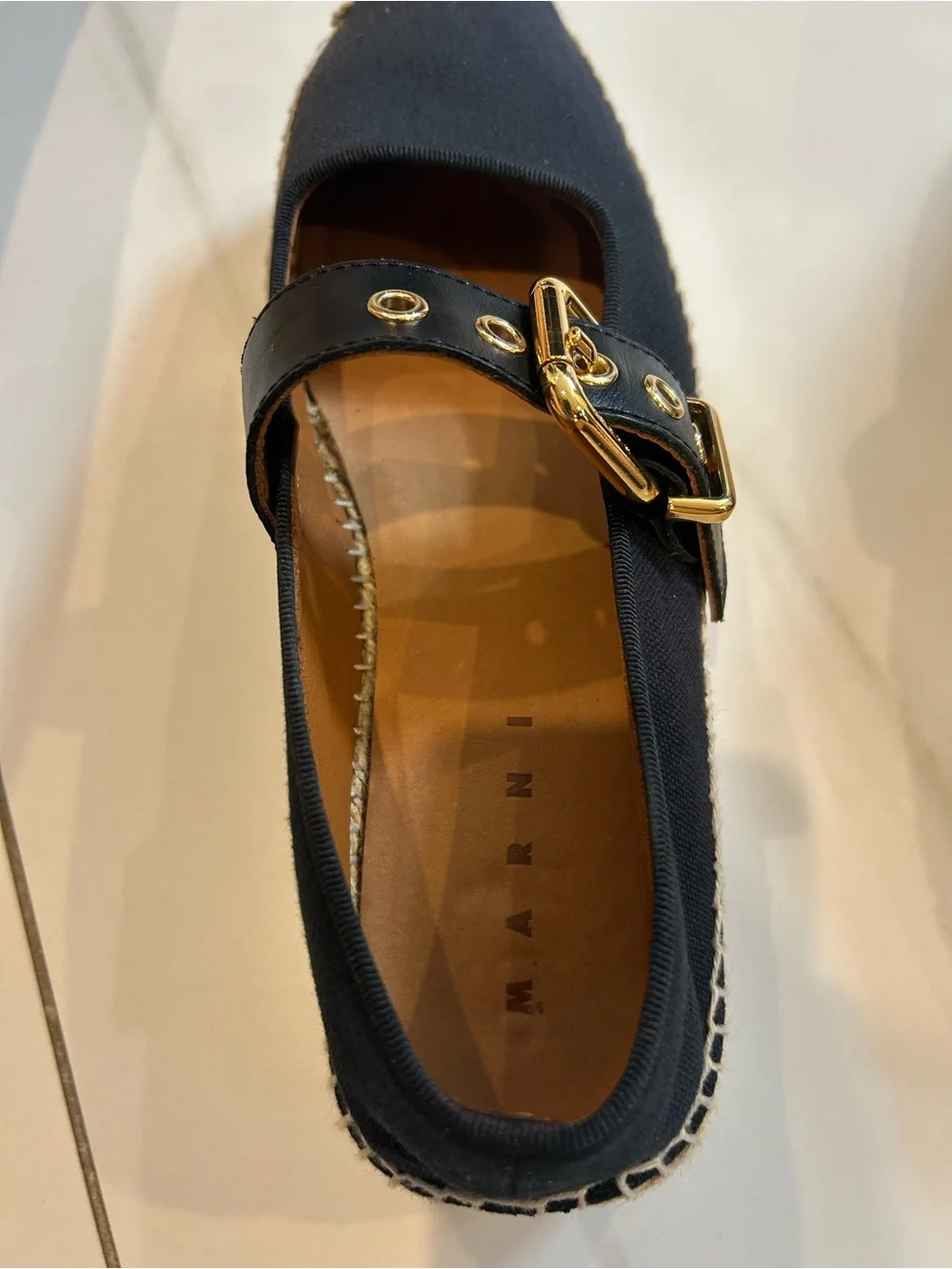 Marni Black Espadrille Mary Jane Flats with Gold Buckles